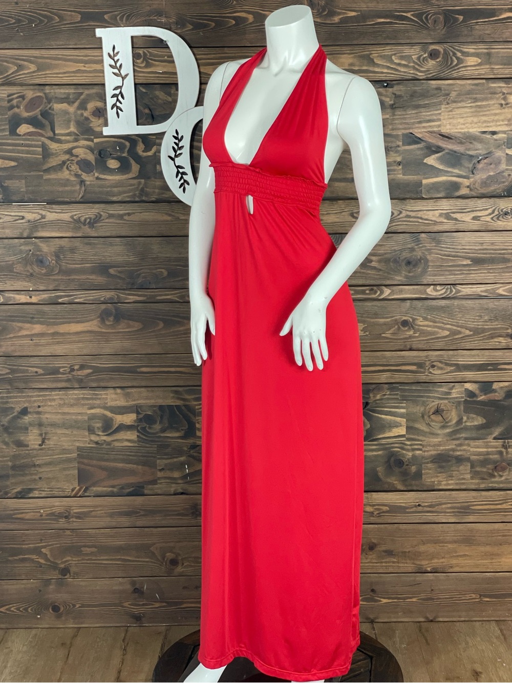 Haoduoyi | Red Halter Maxi Dress Open Cut Out Back Smocked Tie Back Keyhole Neck
